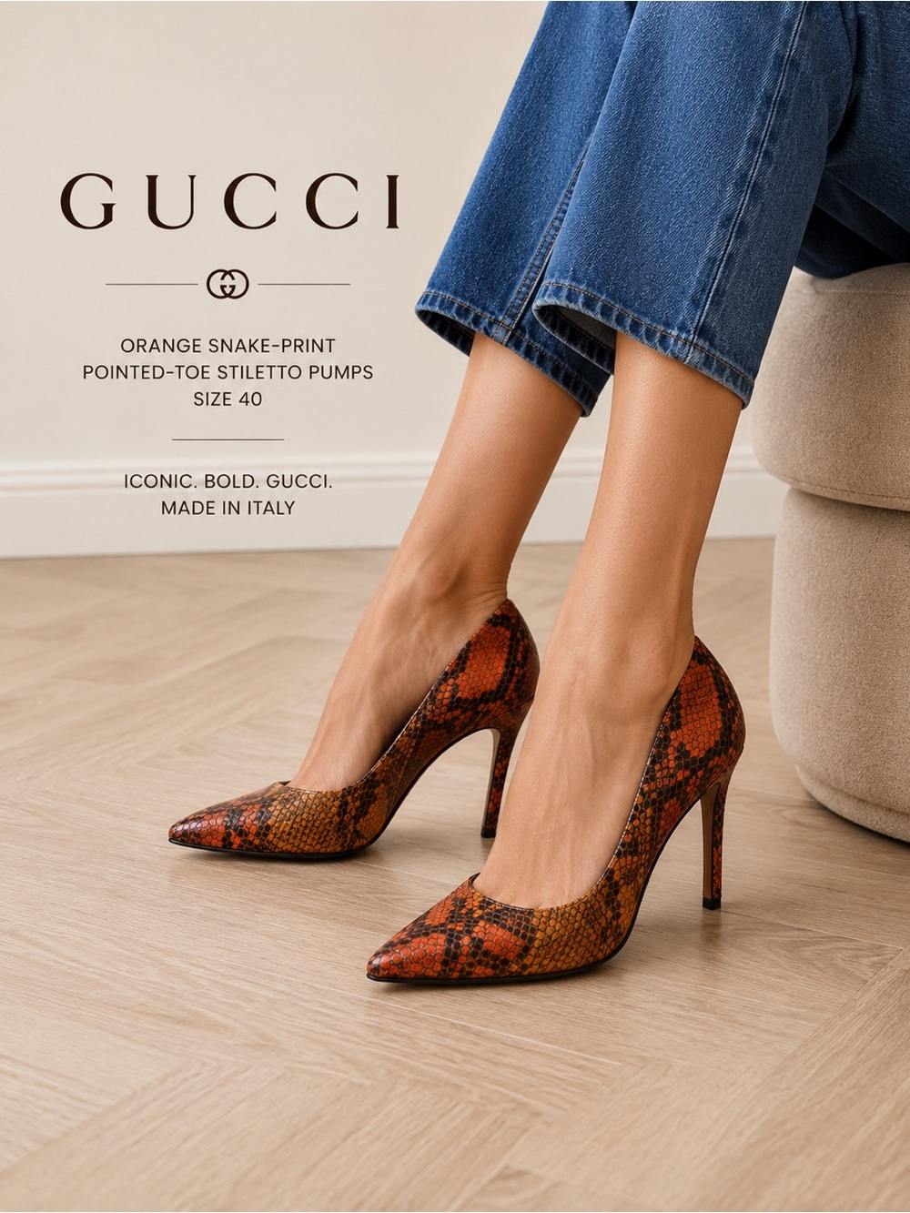 🇮🇹 Authentic Gucci Orange Snake-Print Pointed-Toe Stiletto Pumps- size 40